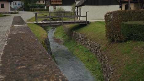 picturesque village scene with wooden bridge and stream