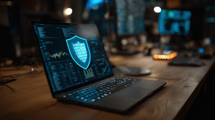 A sleek laptop displaying advanced cybersecurity graphics showcases a digital shield surrounded by data analytics, emphasizing the importance of online security in modern technology