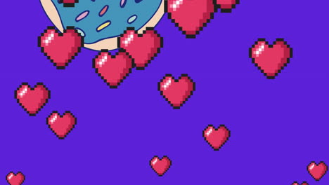 animación de iconos de corazón y rosquilla sobre fondo azul