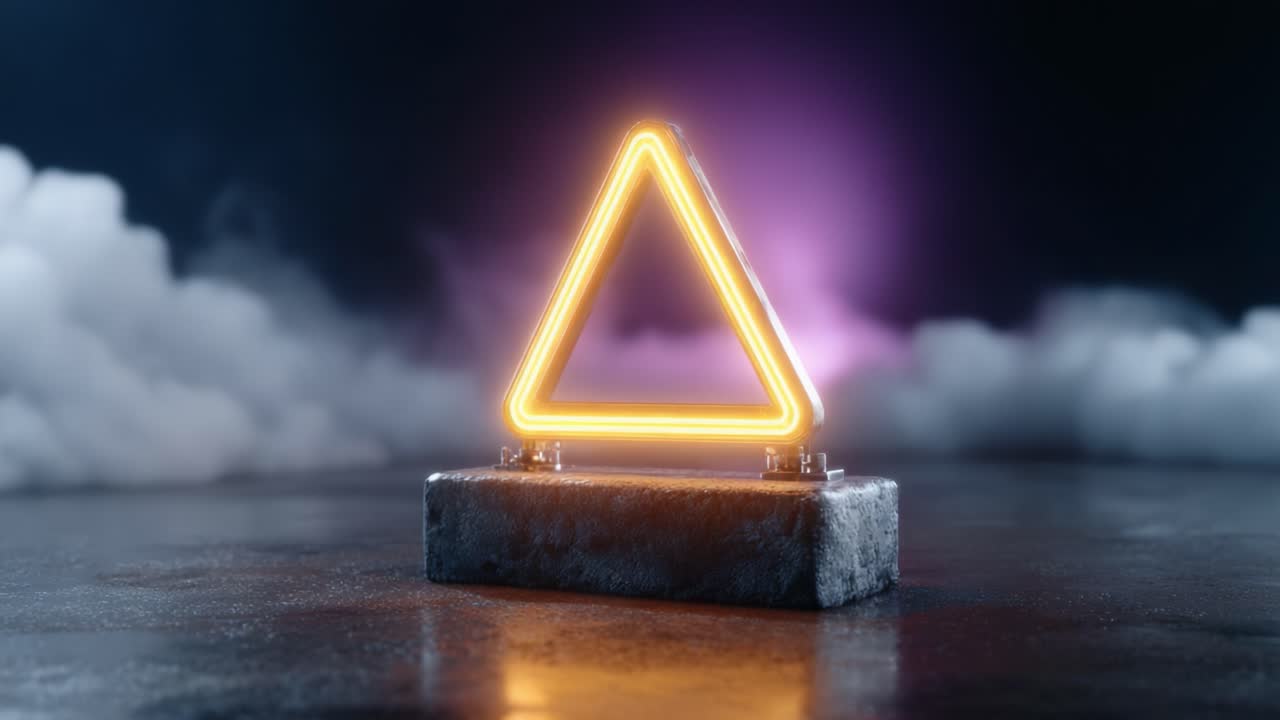 A Glowing Triangle Sign Illuminating the Foggy Environment, Capturing the Essence of Caution and Safety Amidst Dramatic Lighting Effects
