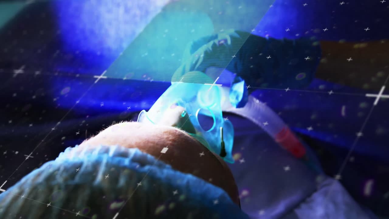 animación del procesamiento de datos sobre paciente caucásico con máscara de oxígeno