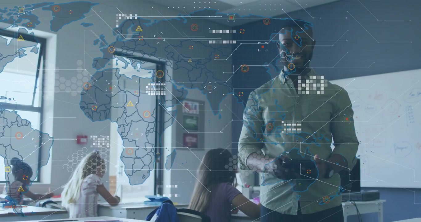 Vertical video: Sending map overlay rolled-sleeve teacher using device at school lesson, copy space