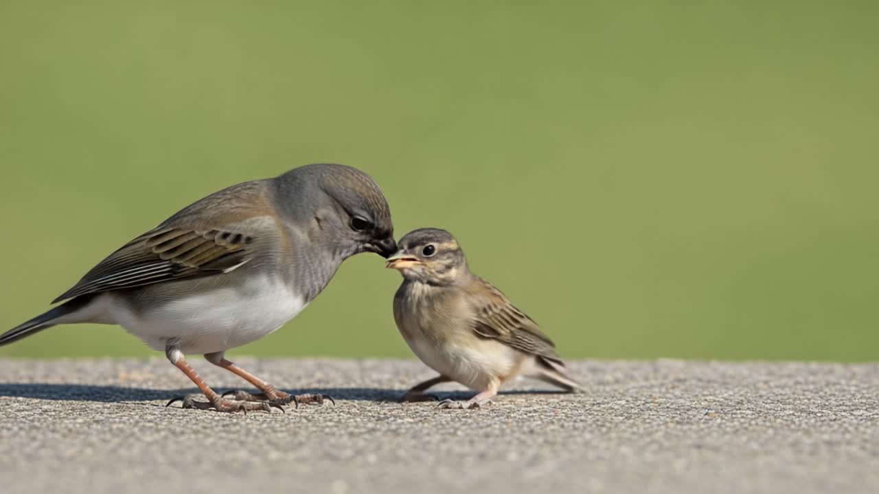 A Heartwarming Moment Captured: A Parent Bird Feeding Its Chick on a Bright Green Background, Showcasing Nature's Tender Bond Between Species