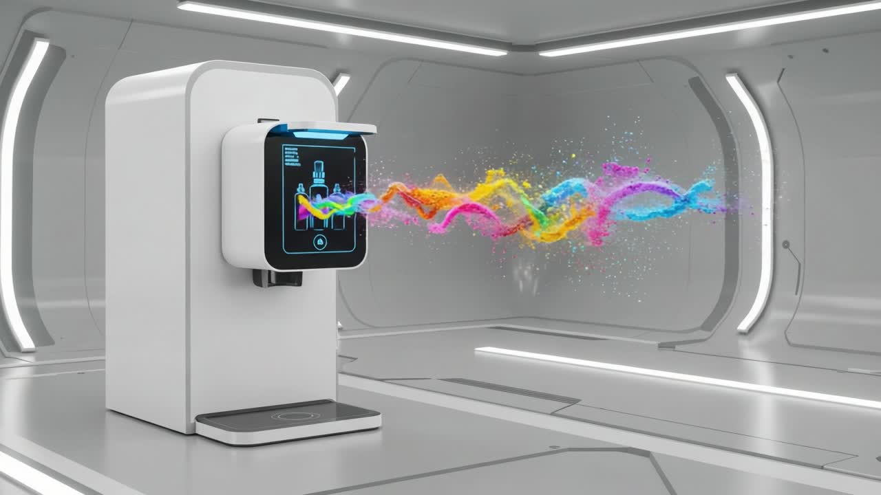 Futuristic Beverage Dispenser in a Sleek, Minimalistic Environment with Vibrant Colorful Liquid Flowing from Its Nozzle, Creating a Radiant Spectrum of Colors