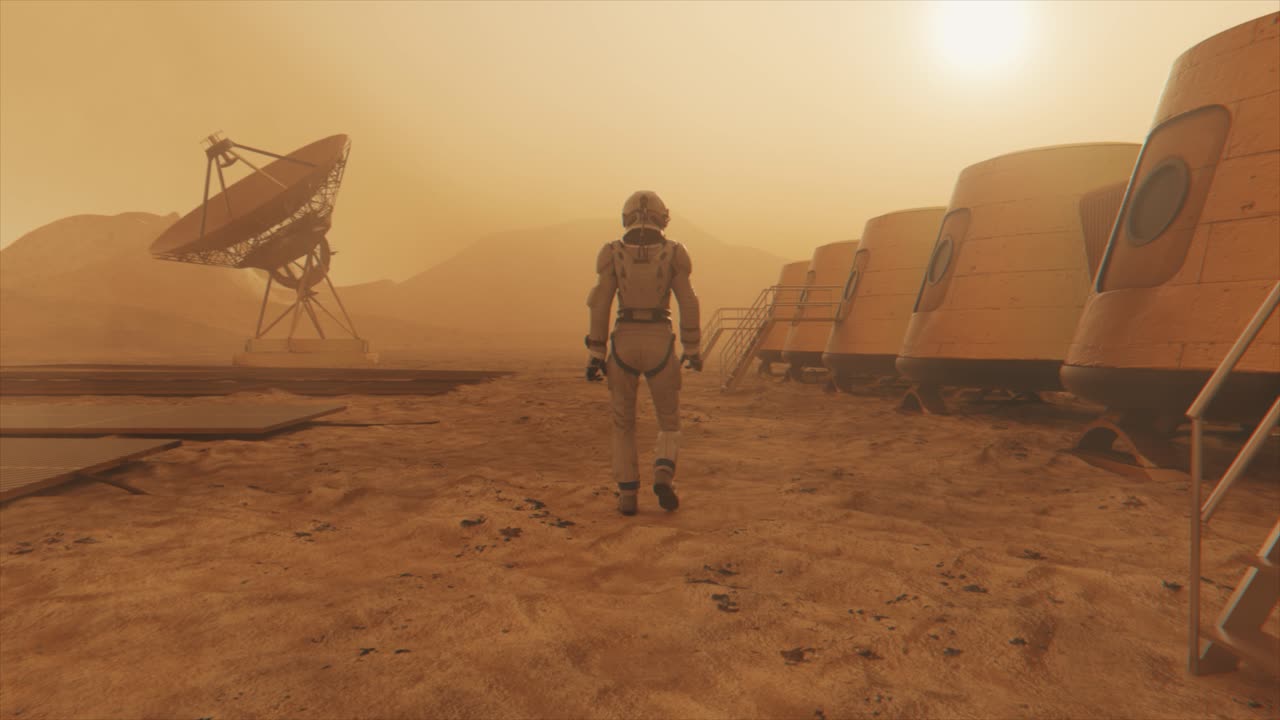 Astronauta che esplora una base marziana