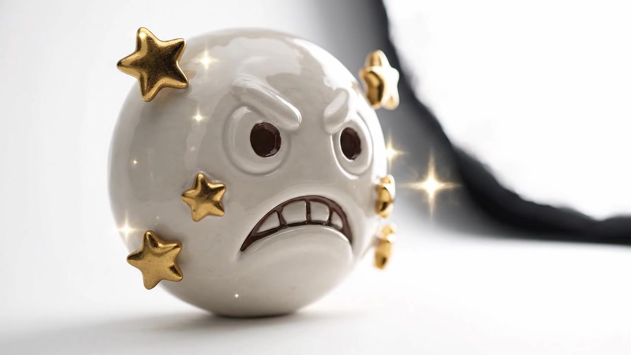 An expressive white ornament with a grumpy face and golden stars depicting frustration, creating a playful yet striking contrast against a minimalist background.