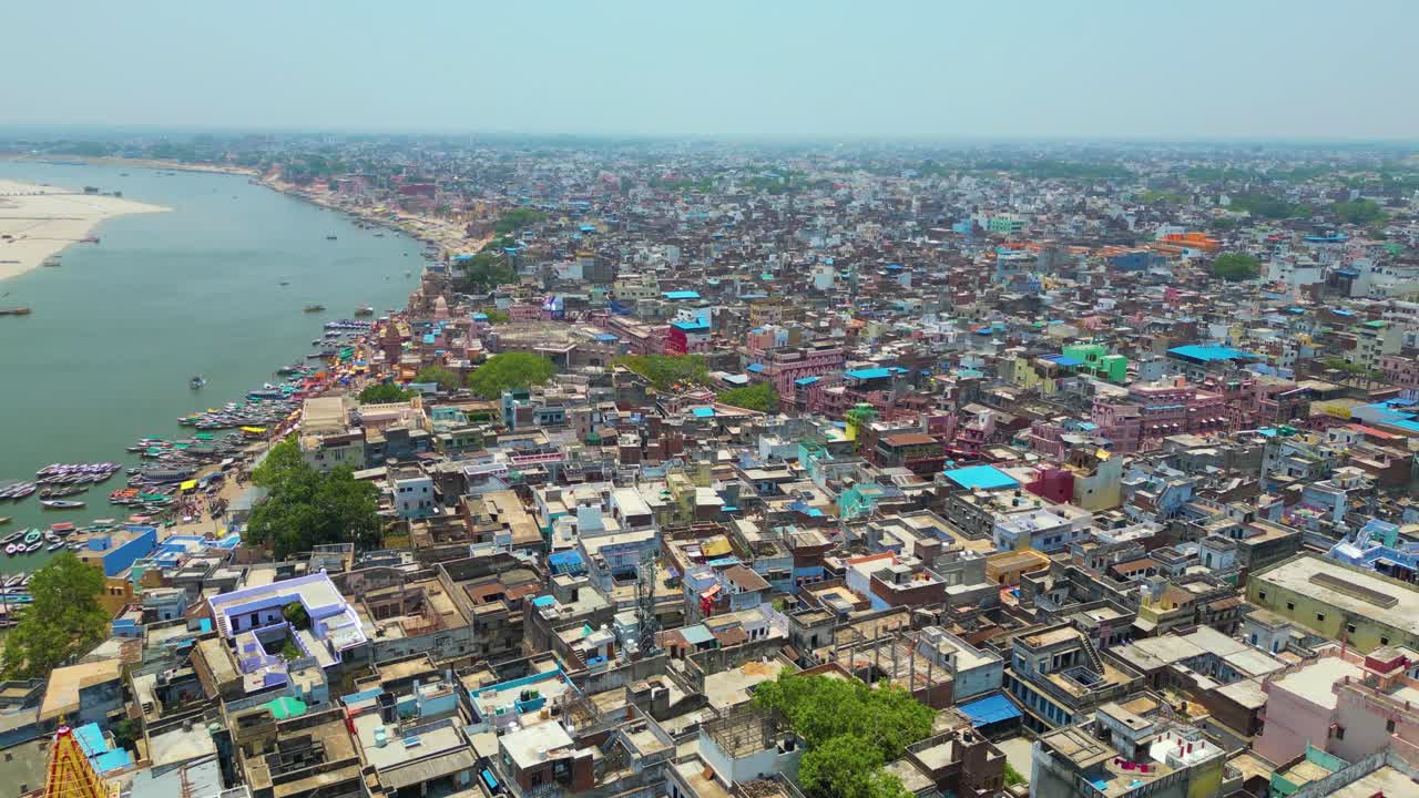 AERIAL view of Ganga river and Ghats in Varanasi India