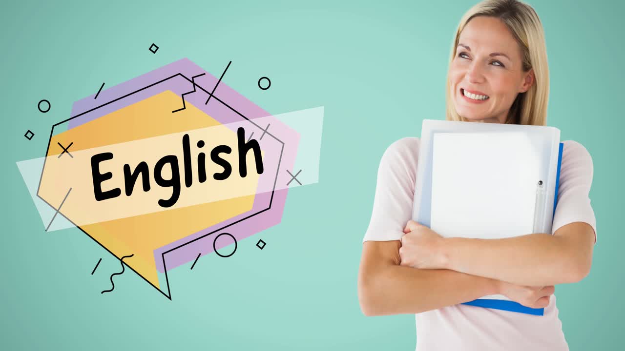 animación de texto en inglés sobre una maestra caucásica sonriente