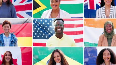 feliz, la diversidad y la gente con la bandera en el collage