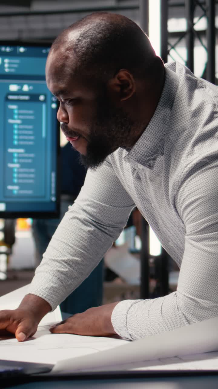 Vertical Video Black property engineer collecting construction details on blueprints sketch