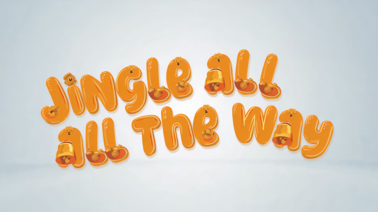 Animation starting moving orange 3D text bobbing and settling in light-blue backdrop, with bells