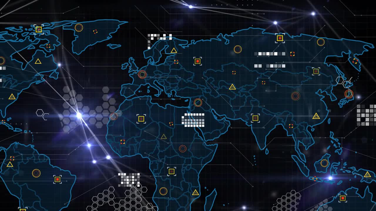 Upon glowing node activation, neon-blue interface world map sending beams to visualize data flow