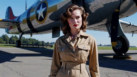 Vintage style video scene with a woman in a 1940s outfit, standing in front of a WWII plane