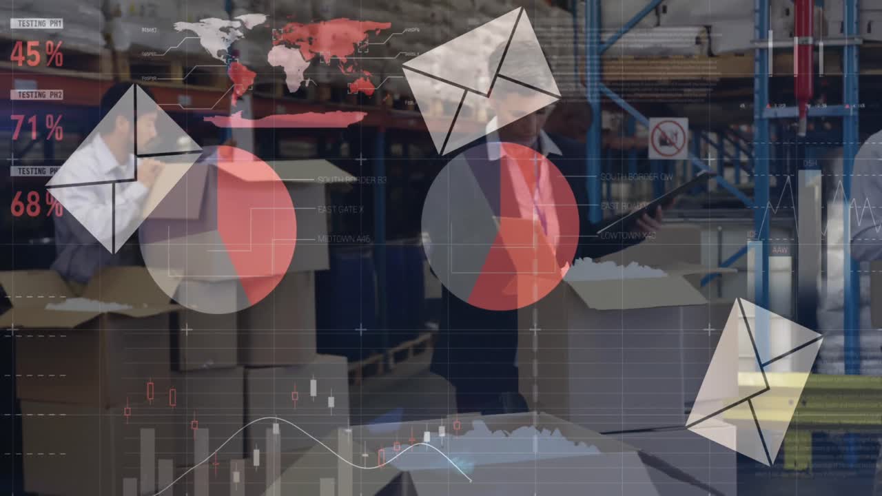 анимация обработки финансовых данных с иконками конвертов над различными работниками на складе