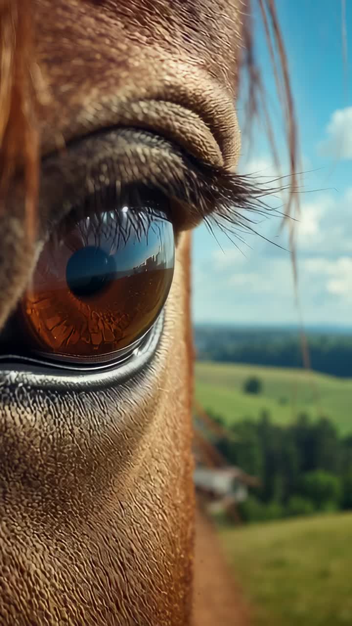 Vertical video: Camera capturing horse eye blinking in pasture, eye reflecting operator silhouette
