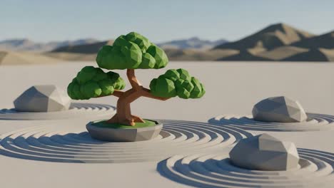 a tranquil origami-style tree surrounded by stylized stones and rippling water in a serene desert landscape