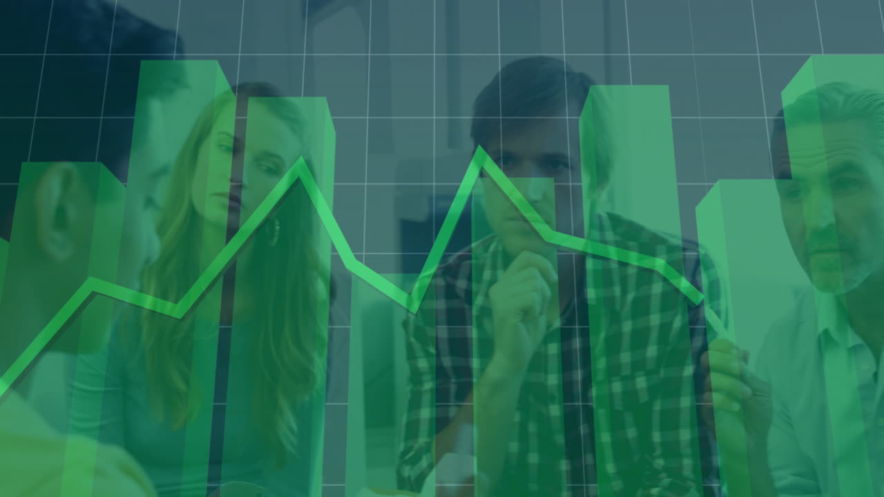 Business team analyzing financial graph animation overlay in office meeting