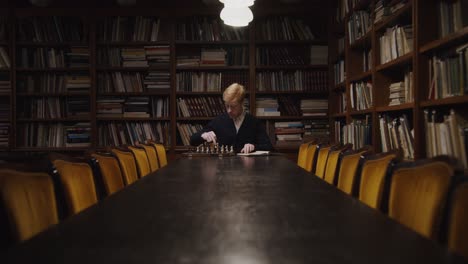 man playing chess in a library