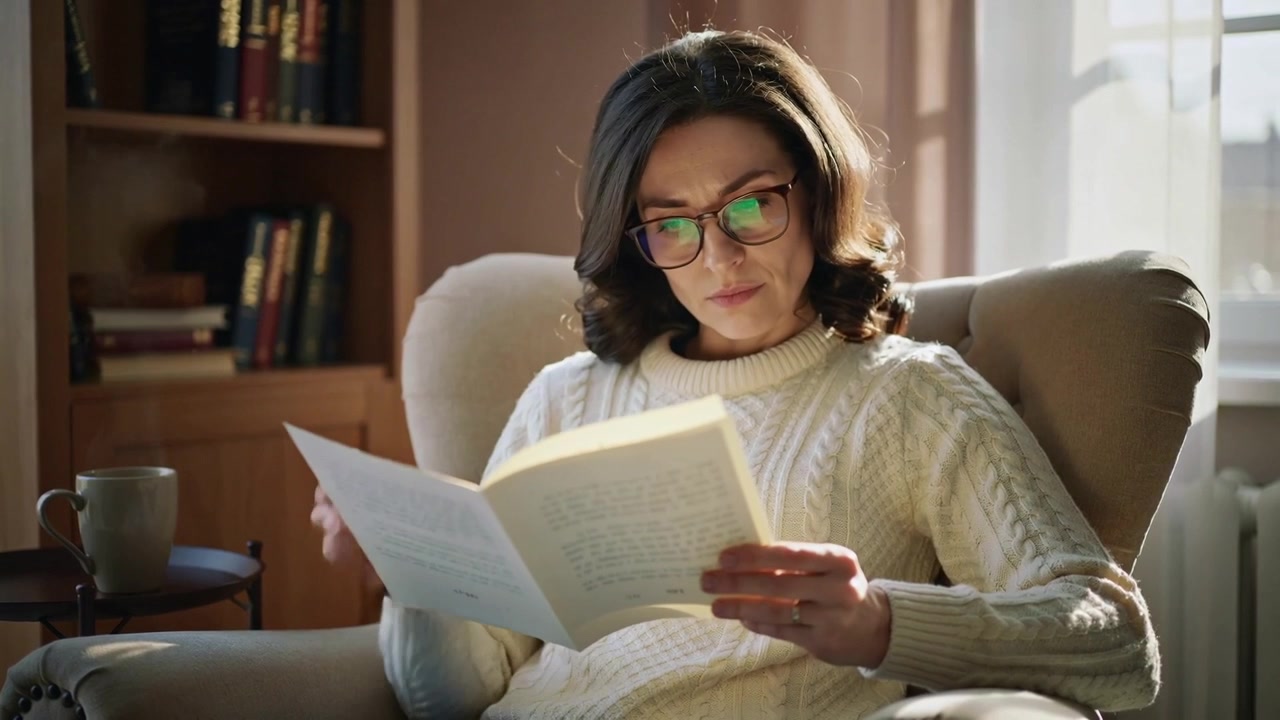 Femme d'âge mûr vêtue d'un pull en maille crème lisant un livret à la fenêtre, ajustant ses lunettes de soleil pour plus de confort.