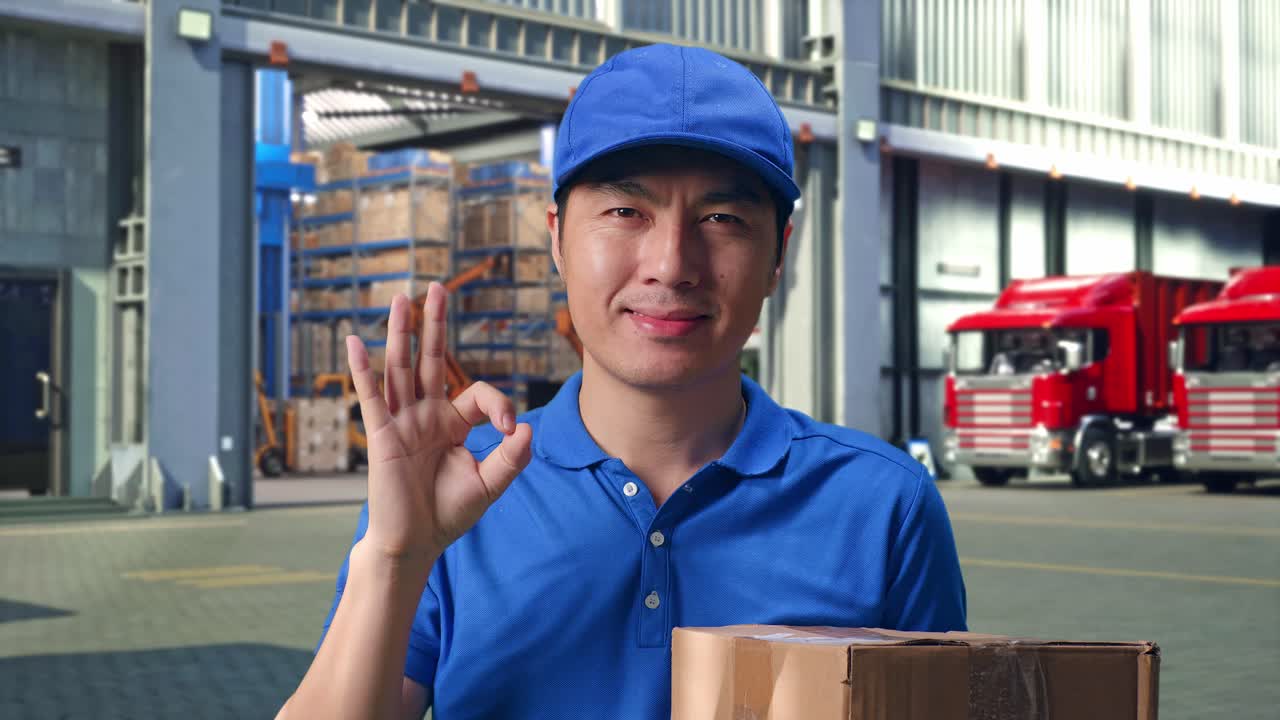 Close Up Of Asian male Courier In Blue Uniform Showing Okay Gesture And Smiling While Delivering A Carton, Outside of Logistics Distributions Warehouse