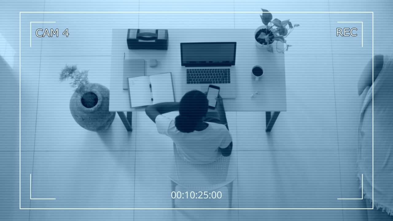 Female Entrepreneur Messaging on Phone at Office Top Down CCTV