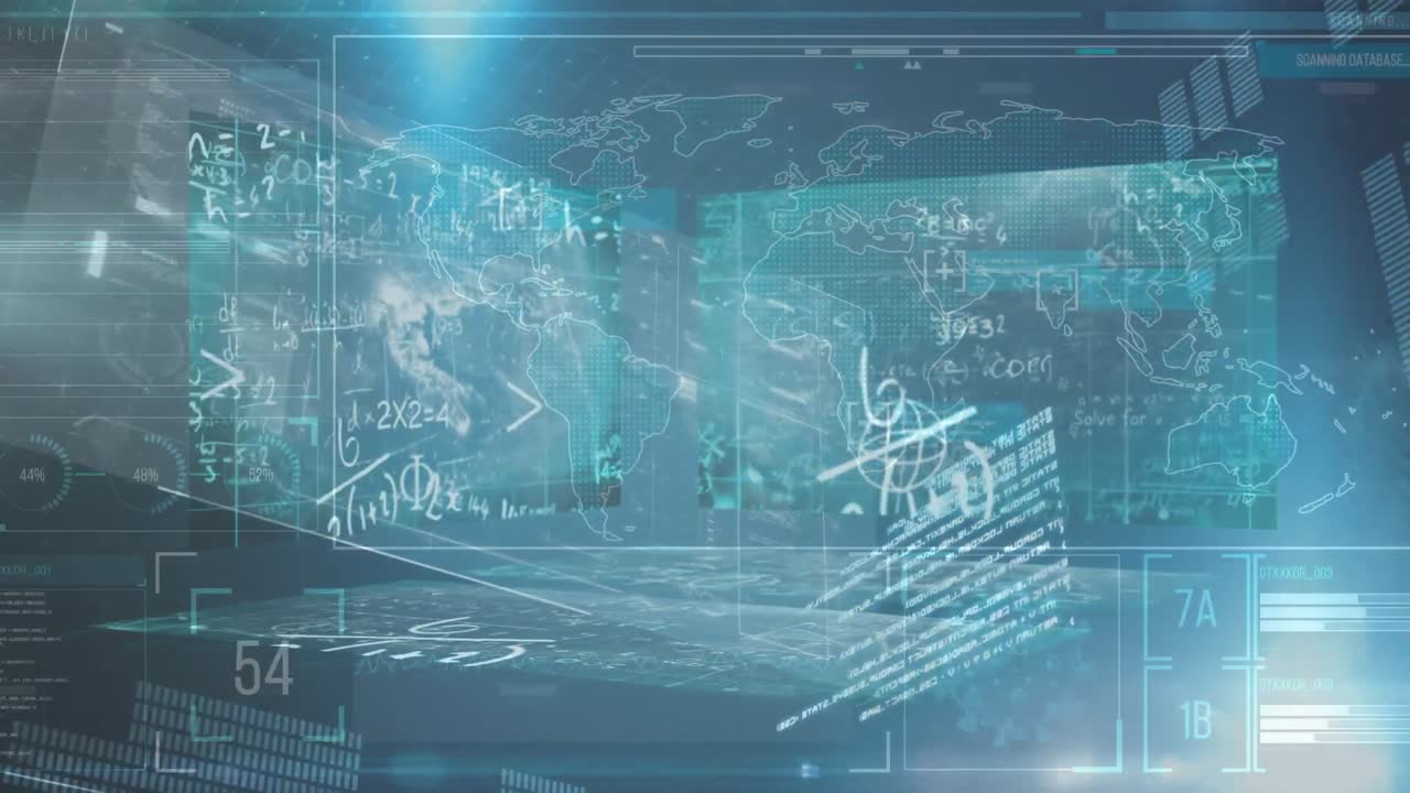 ecuaciones matemáticas y procesamiento de datos contra un fondo azul