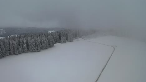 Drohnenflug-Verschneite-Landschaft-Im-Schwarzwald-Deutschland