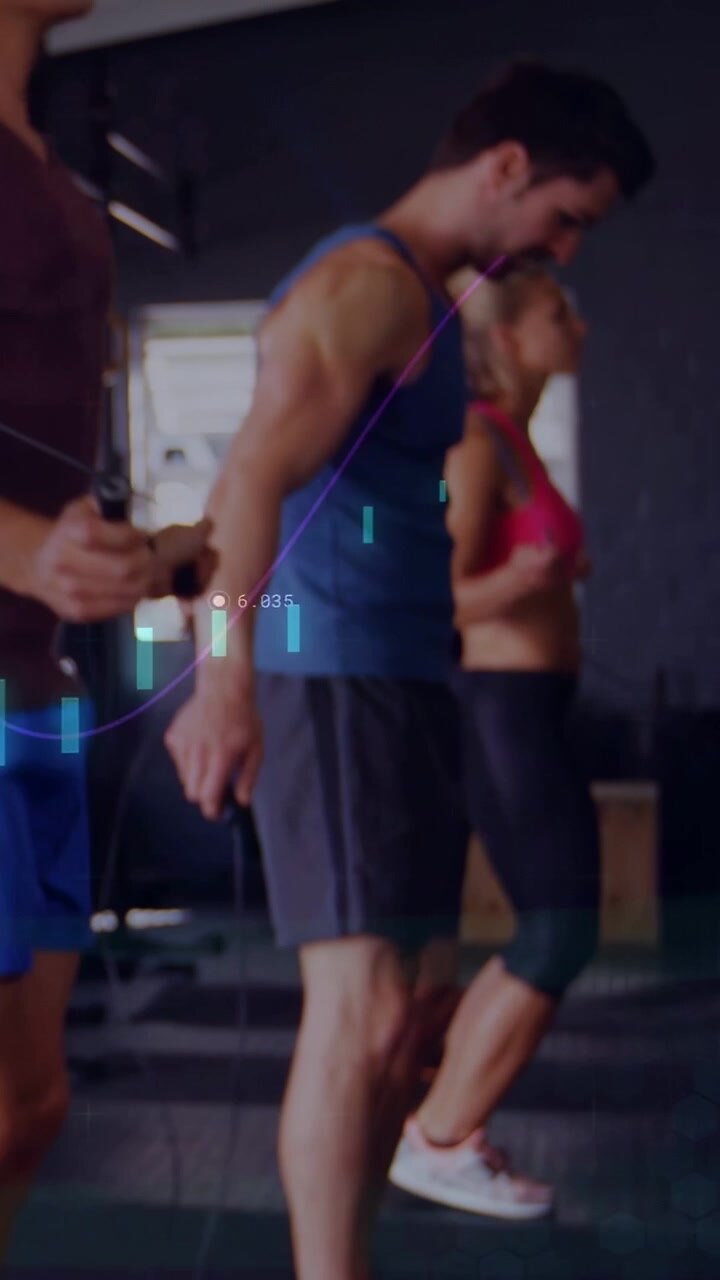 Vertical video: Trio starting synced skipping for fitness, bars tracking tempo as camera rising