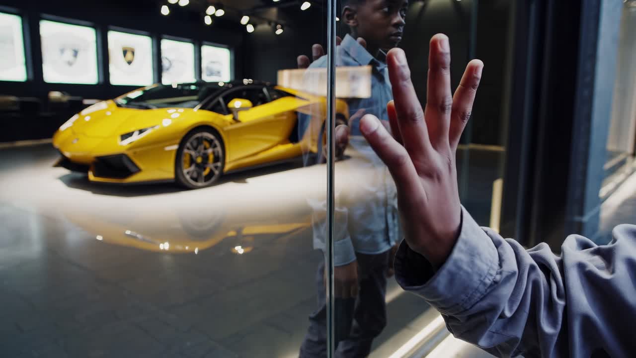 Young man touching the glass window of a luxury car dealership, looking at a yellow supercar with desire, dreaming of owning a sports vehicle