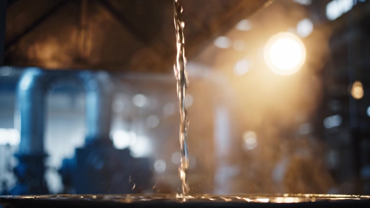 Acqua che Scorre da un Tubo Industriale in un Contenitore in un Contesto di Fabbrica con Macchinari e Illuminazione Ambientale che Esaltano l'Estetica Operativa della Scena.