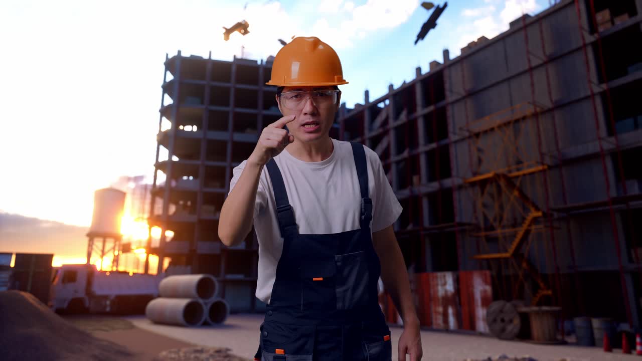 Asian Man Worker Shouting To Camera At Construction Site