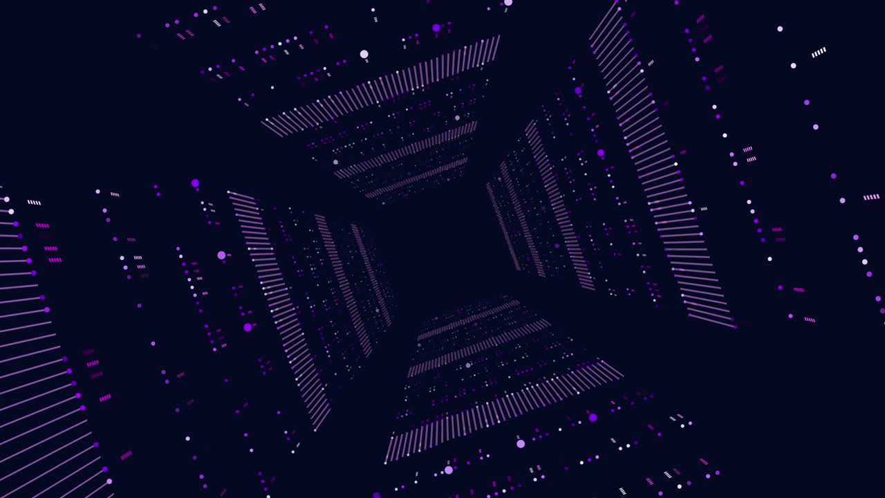 A 3D rendering featuring a tunnel-like corridor constructed with purple and black lines and dots, evoking a sense of depth and motion within a mysterious setting