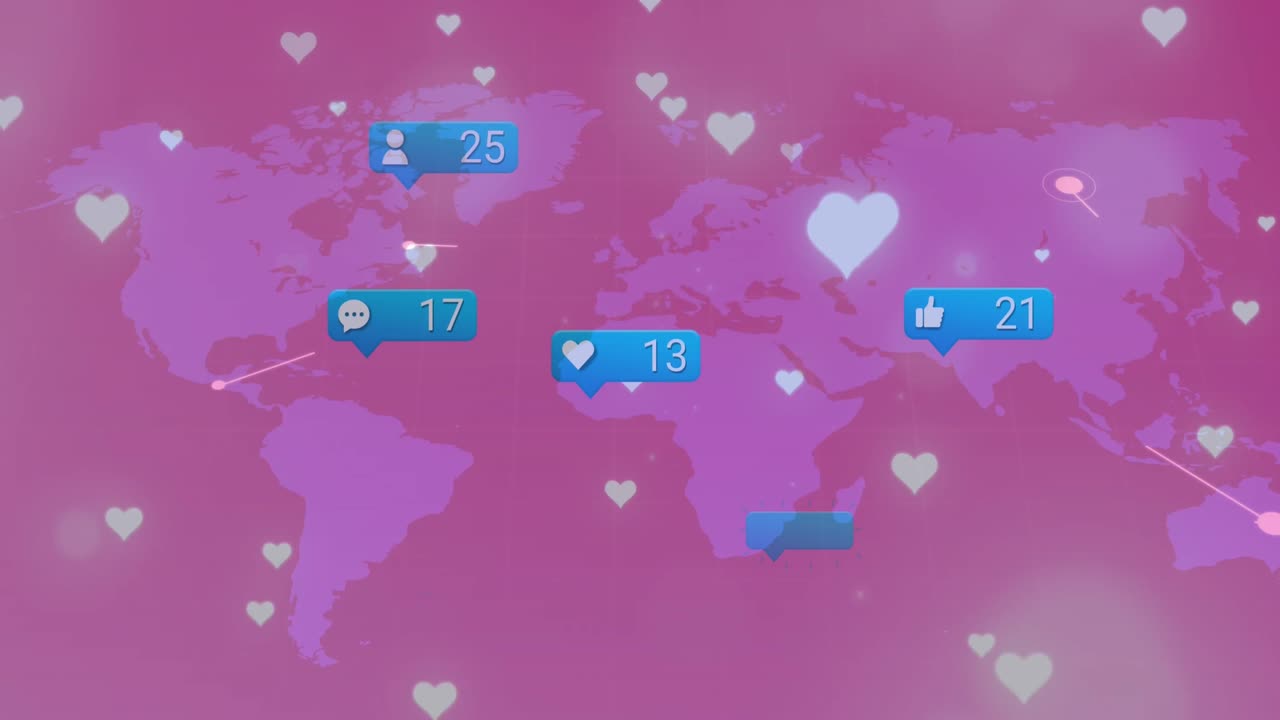 빨간색 배경의 세계 지도에서 점점 더 많은 수의 소셜 미디어 아이콘의 애니메이션