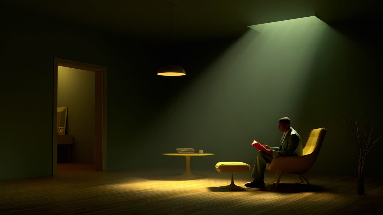 A Solitary Moment in a Dimly Lit Room: A Person Engrossed in Reading a Book While Illuminated by Soft Sunlight Streaming Through the Doorway, Capturing Tranquility and Introspection