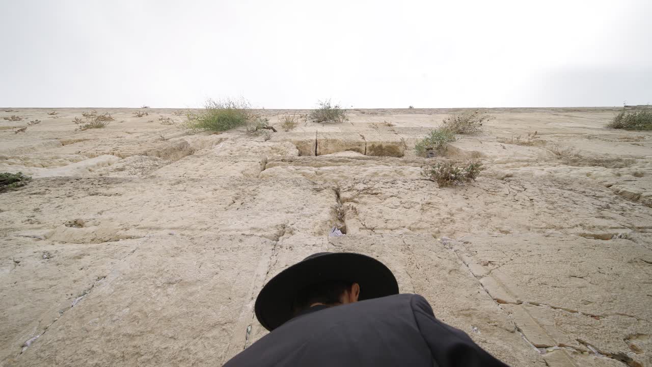 Orthodox Jewish male leyning in front of the Western wall