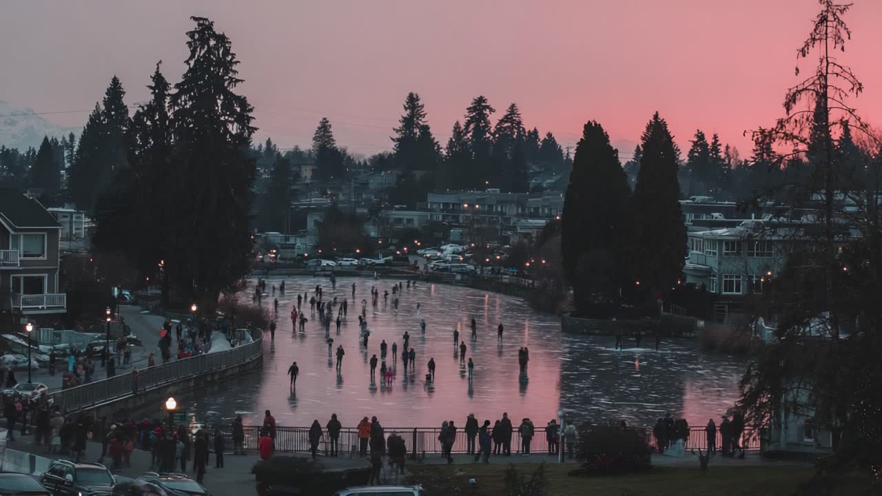 A Serene Evening on the Skating Rink: Crowds Enjoying Ice Skating at Dusk with a Vibrant Pink Sky Over a Frozen Lake Surrounded by Trees and Buildings