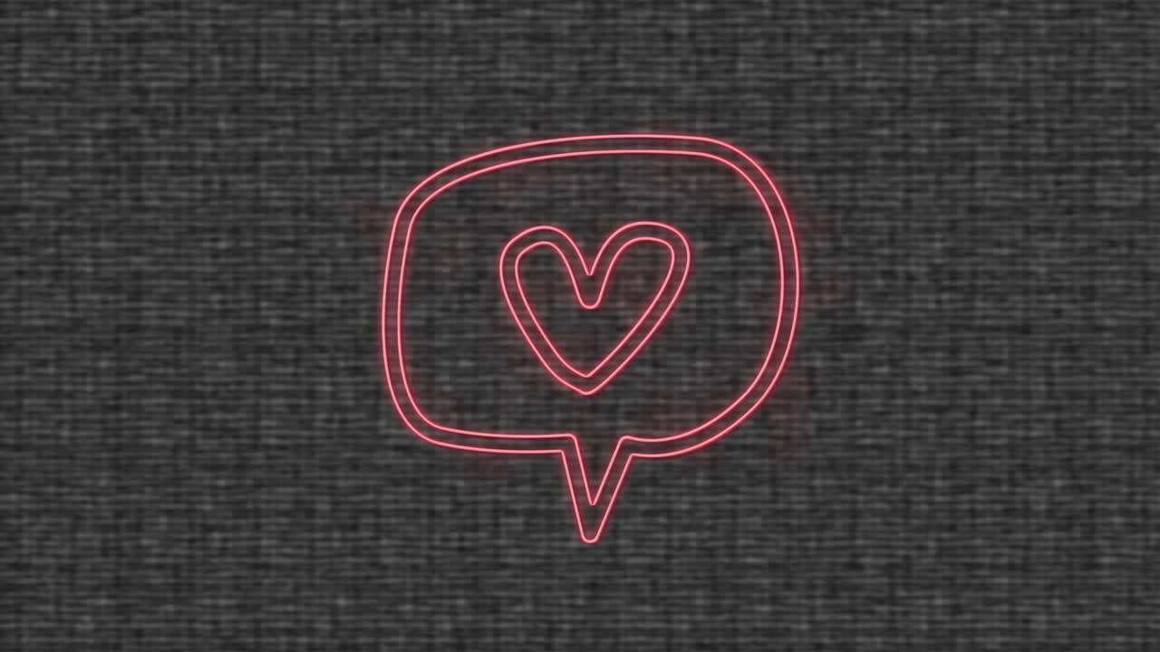 회색 텍스처 배경에 있는 음성 거품에서 분홍색 네온 심장의 애니메이션