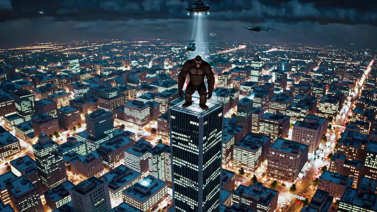 Aerial view of a giant gorilla atop a skyscraper in a cityscape at night, with helicopters nearby