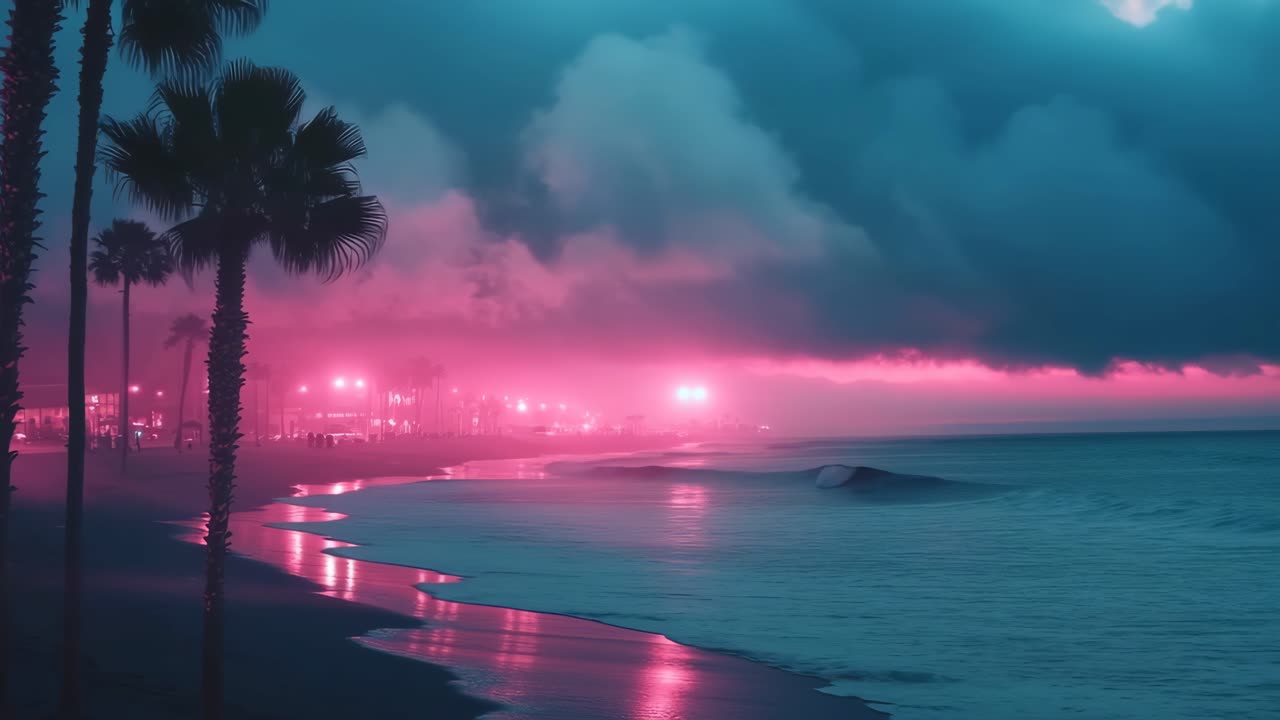 Una scena surreale di una spiaggia illuminata al neon al crepuscolo con una visuale dal basso, che cattura il rosa e il blu vibranti