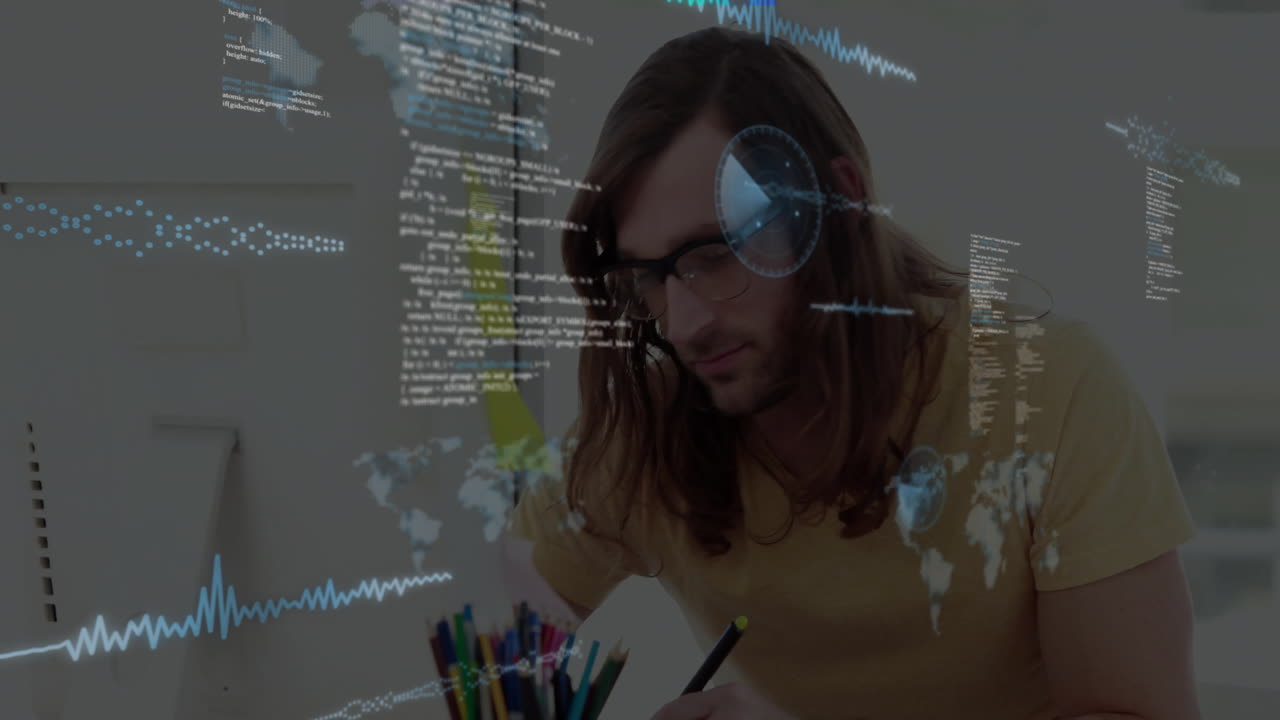 Developer writing in notebook in home office, with floating code lines, waveform graphs, world map