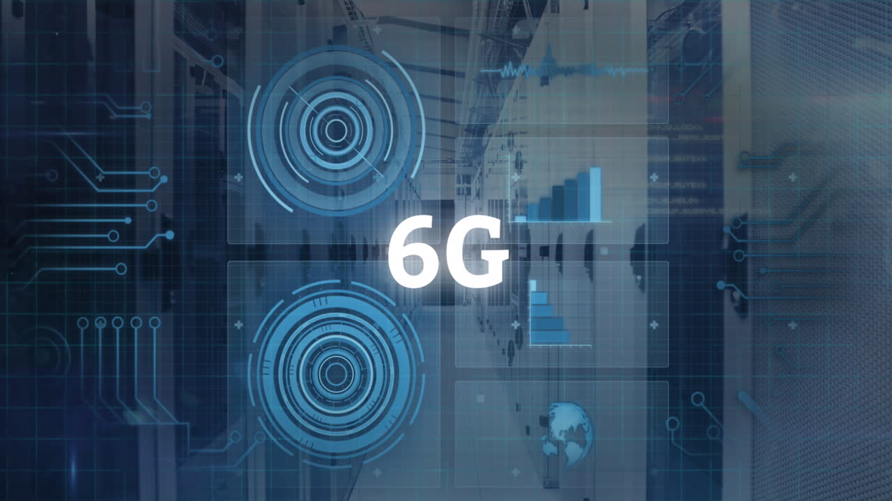 animazione dell'elaborazione dei dati finanziari con testo 6g sulla sala server