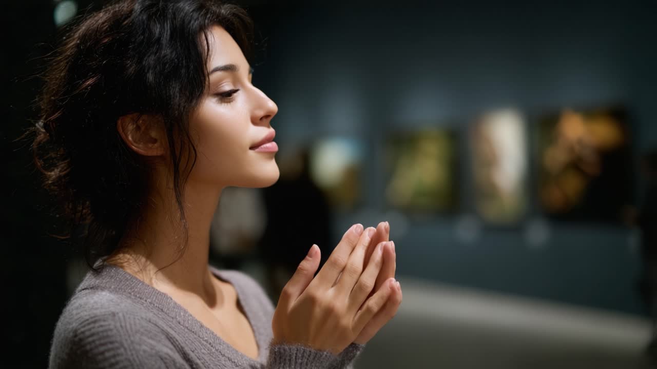 A Thoughtful Woman in an Art Gallery, Engaged Deeply in Contemplation While Appreciating the Beautiful Artworks Displayed Around Her in a Creative Environment