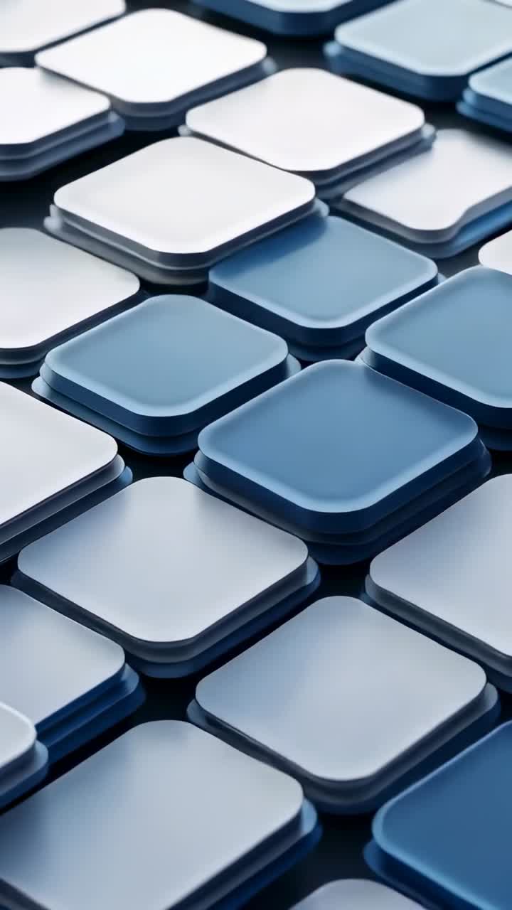 Vertical video: Holding layered grid of rounded square panels in white and blue in digital realm