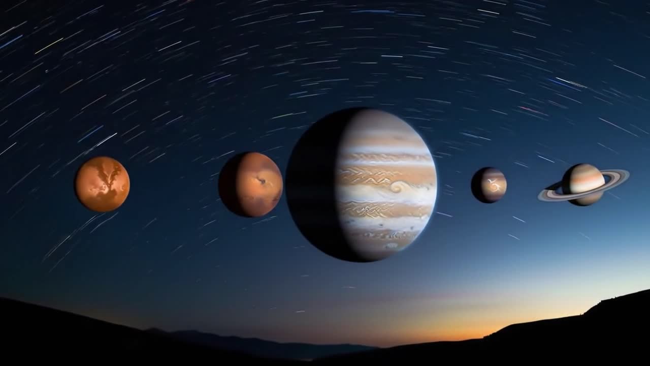Witness a breathtaking display of the solar system featuring Jupiter and its nearby planets under a starry sky. The cosmic dance captivates with colors and movements, revealing the wonders of space.