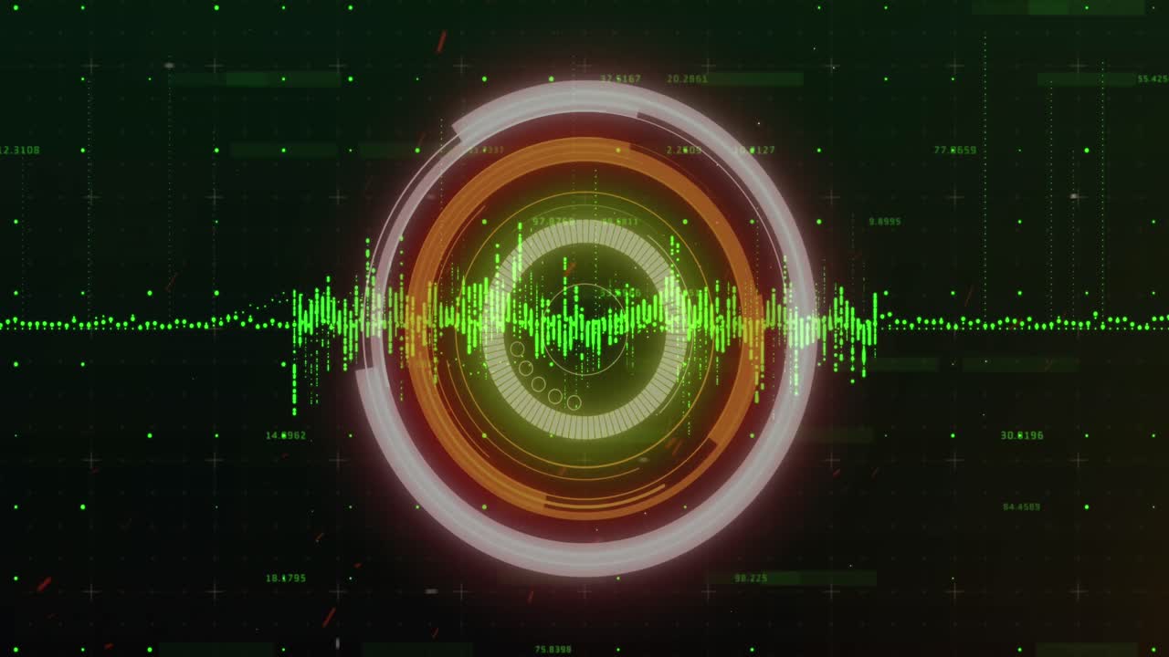 Digital animation of data processing over neon round scanner against black background