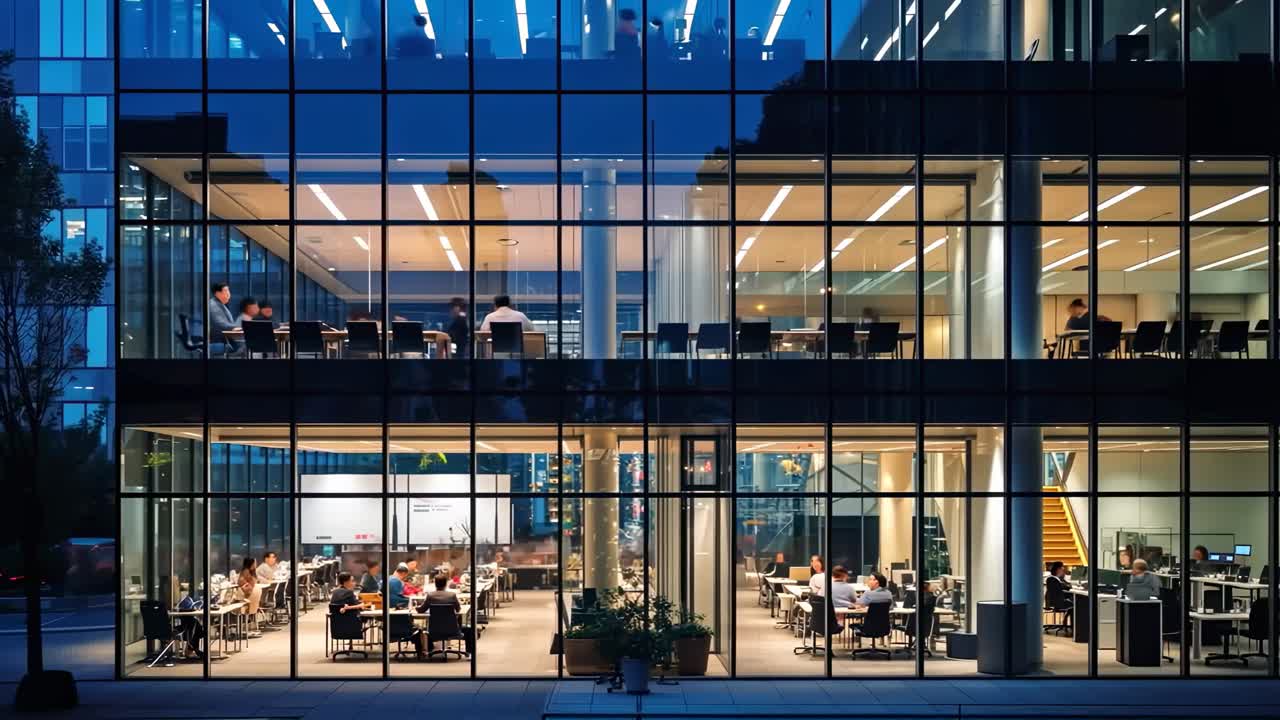 Wide-angle video shot of a modern office building at night, showcasing a vibrant