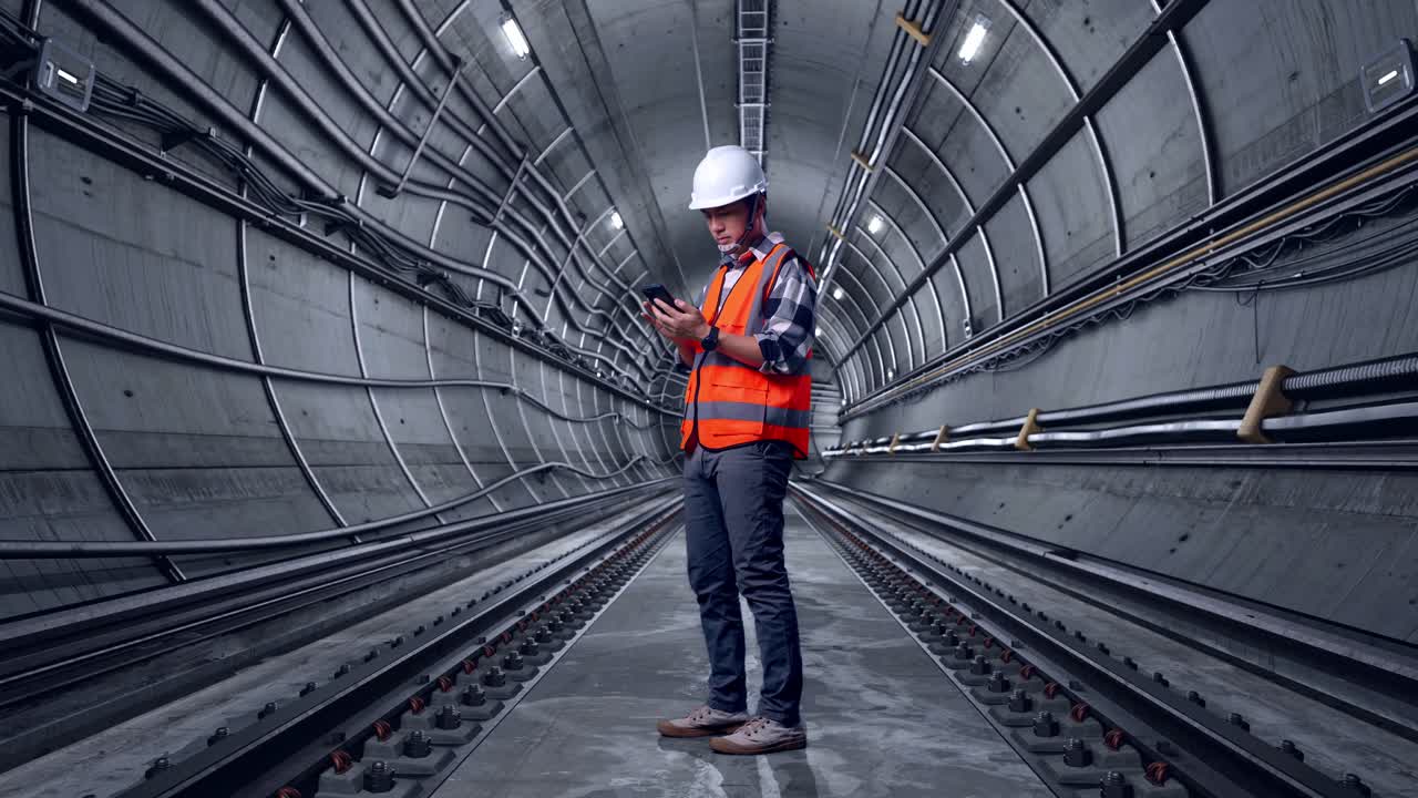 Full Body Side View Of Asian Male Engineer With Safety Helmet Using Smartphone While Standing In Underground Subway Tunnel