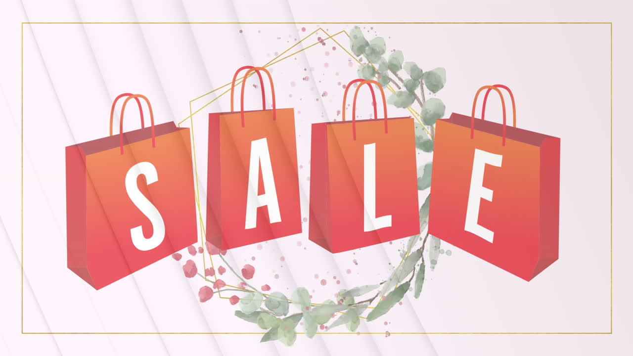 분홍색 배경에 꽃 디자인에 대항하여 쇼핑 가방에 판매 텍스트의 디지털 애니메이션