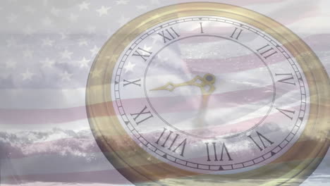 Animation-of-fast-moving-hands-on-clock-over-american-flag-and-cloudy-sky