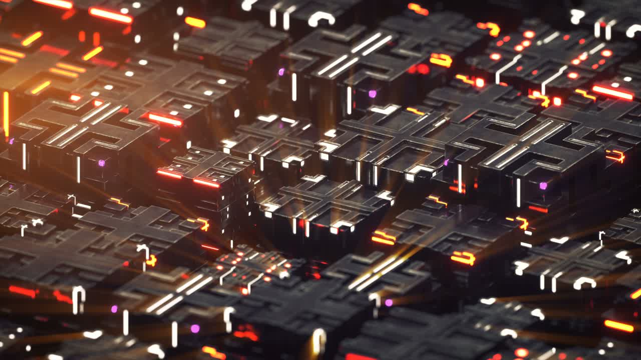 금속 큐브와 반이는 불빛 3d 렌더링 애니메이션